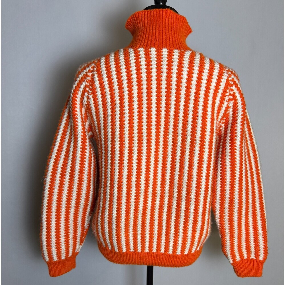 Handmade HandKnit Women's Sweater Orange & White Stripes, Sz L, Turtle/Mock Neck - Picture 8 of 16